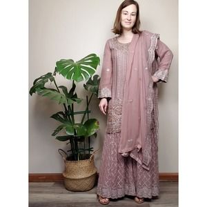 Dusty Rose Salwar Kameez Georgette Palazzo Embroidered Pakistani Indian Suit XS